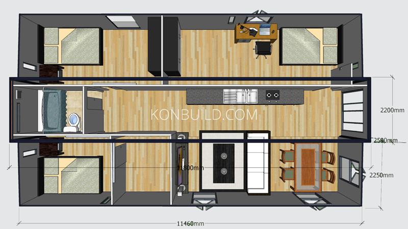 Birds eye view of a shipping container home, showing all the interior.