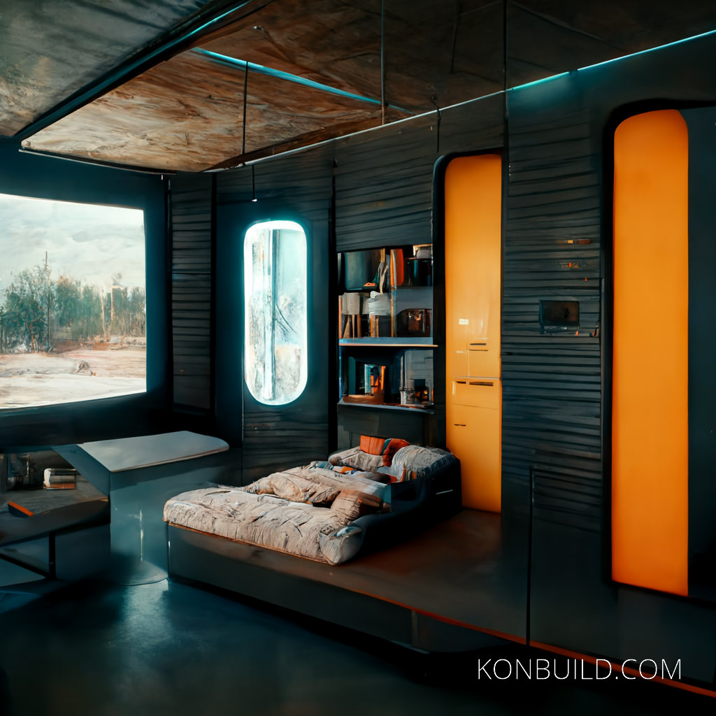 Orange and black walls with blue lighting.