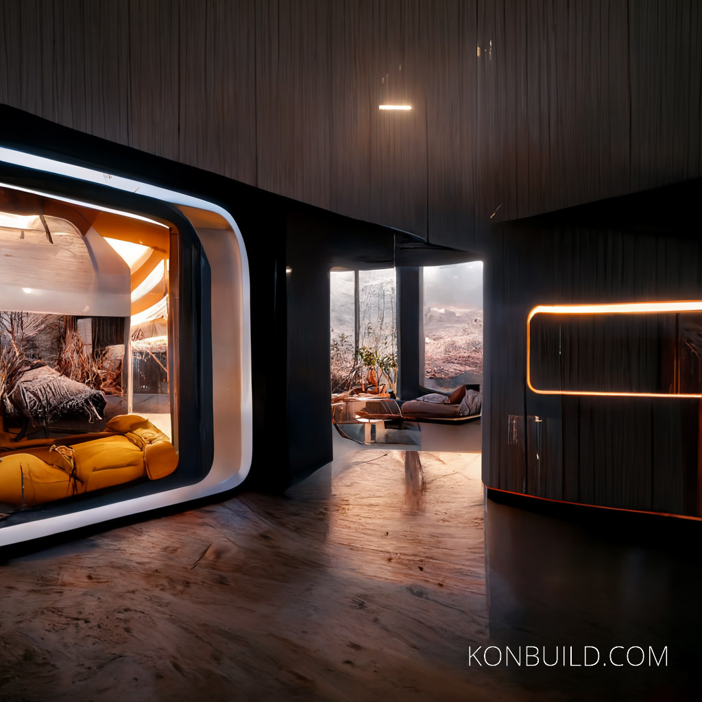 The entrance into a modern container home with large window view.