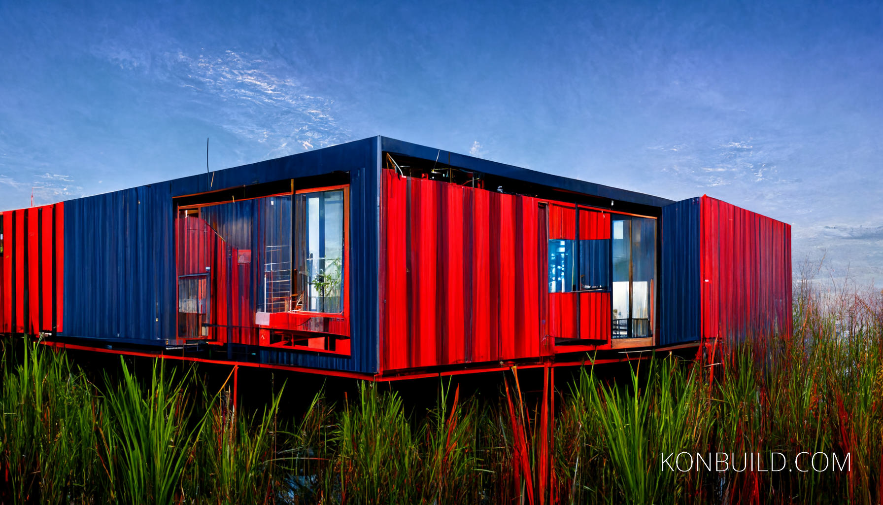 Concept buildings for a large container home built over a swamp.