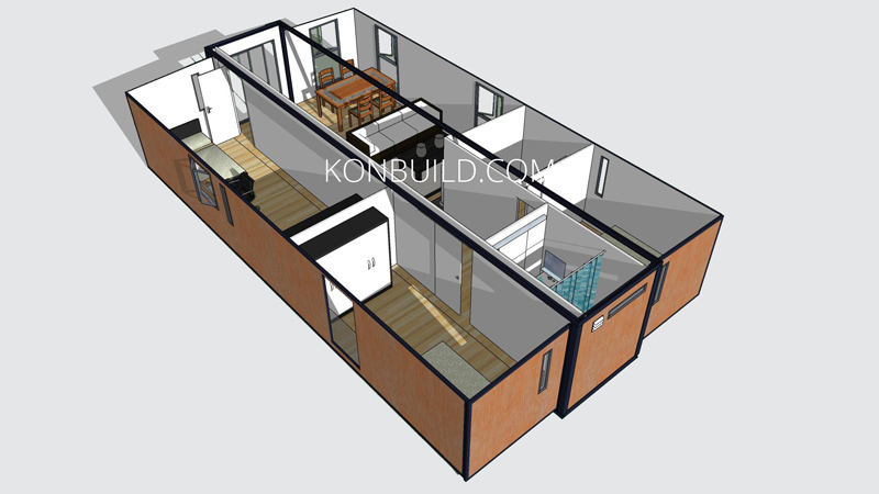A cutawy view of a Chinese manufactured shipping container home.