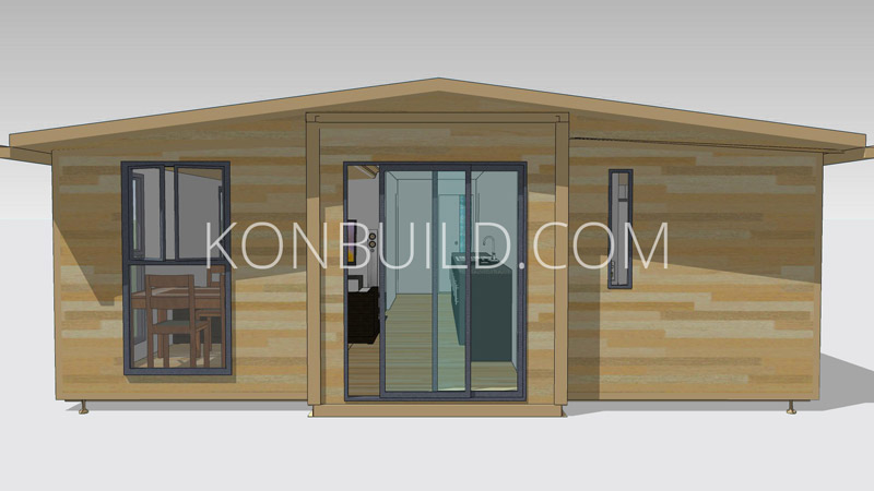 The front view of a shipping container home.