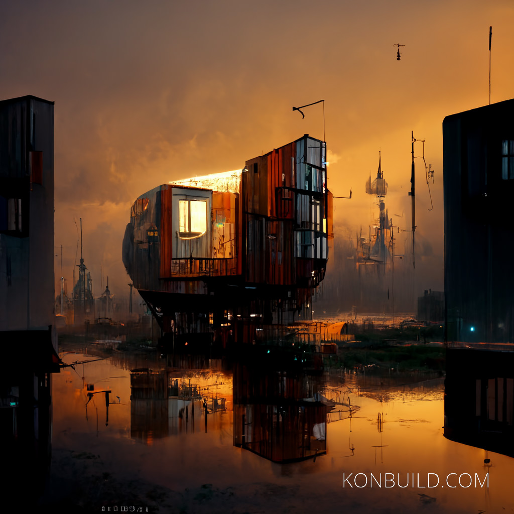 A large container city building. Concept artwork, digital matte painting.